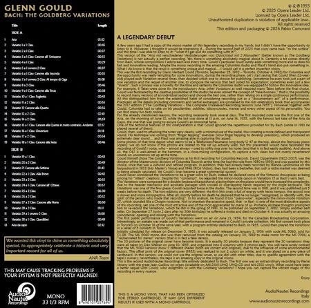 Glenn Gould Bach: The Goldberg Variations Numbered Limited Edition One-Step 180g LP (Mono) (Use code: FREESHIPPING at Checkout Two Orders or More UK Only) Pre-order